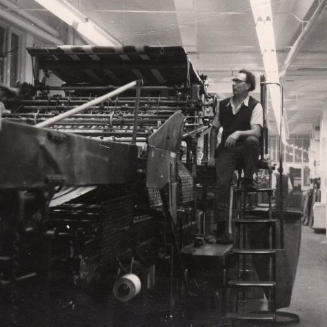 One of the many magazine and bookwork flat-bed and sheetfed machines which were sited on the ground, sub basement and basement floors of 53 Cambridge Road. The newspaper press was a rotary reel-fed Goss Headliner sited in 14 Claremont.
