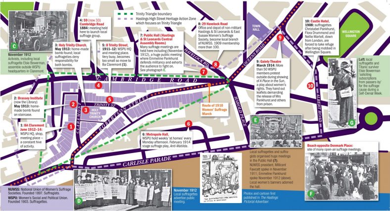 Page 2 of Suffragette Movement map guide of the Trinity Triangle area and historic photos.